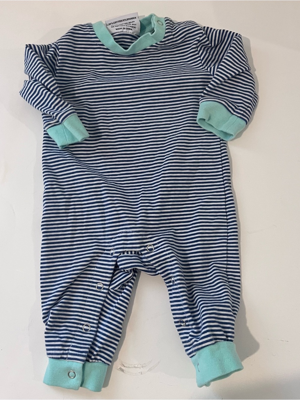Jellybean Baby Boy 3m Navy And White Striped Long Romper Aqua Trim